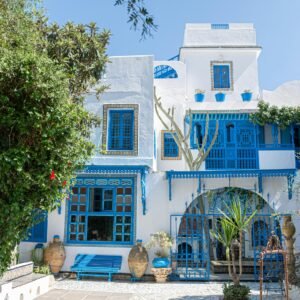 Beautiful traditional house with blue and white tones in Carthage, Tunisia, showcasing Tunisian architecture.