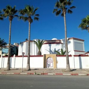 A scenic view of Tunisian architecture with palm trees in Monastir, showcasing a Mediterranean style.